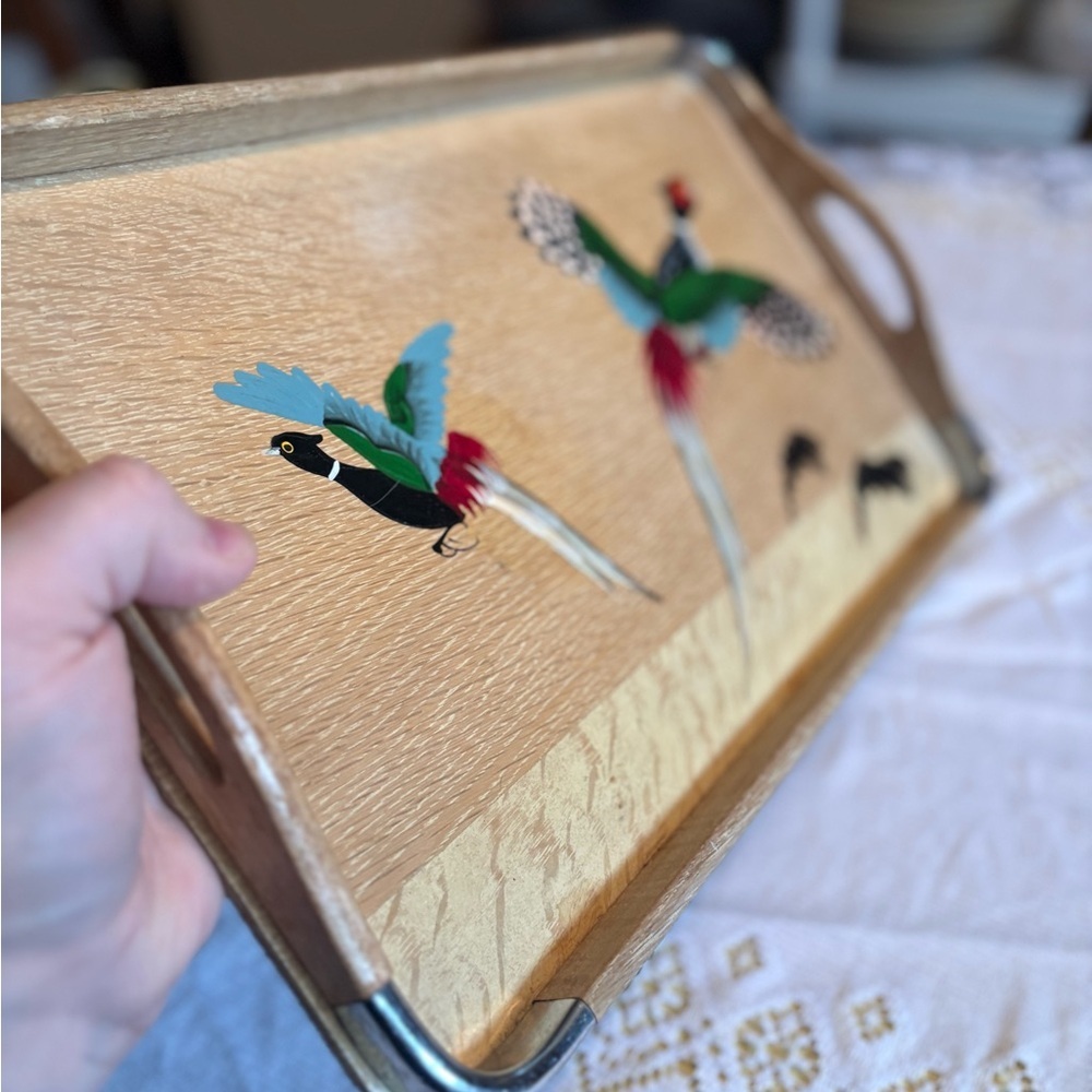 Vintage Wooden Tray with Bird Design - Picture 3 of 6